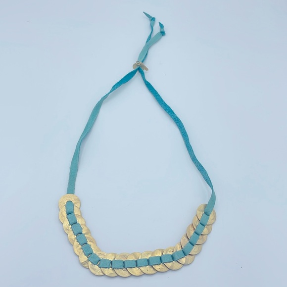 Hagar Satat Jewelry - Hagar Satat Teal Leather and Gold Tone Coin Necklace